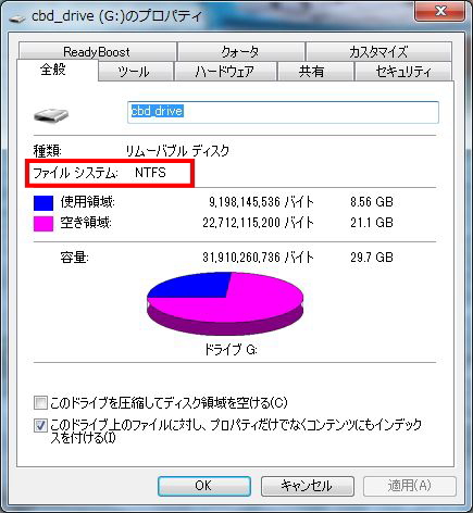 USBメモリ ファイルシステムNTFS